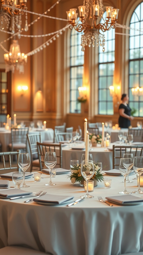 Elegant wedding reception tables with candlelight and sparkling glassware