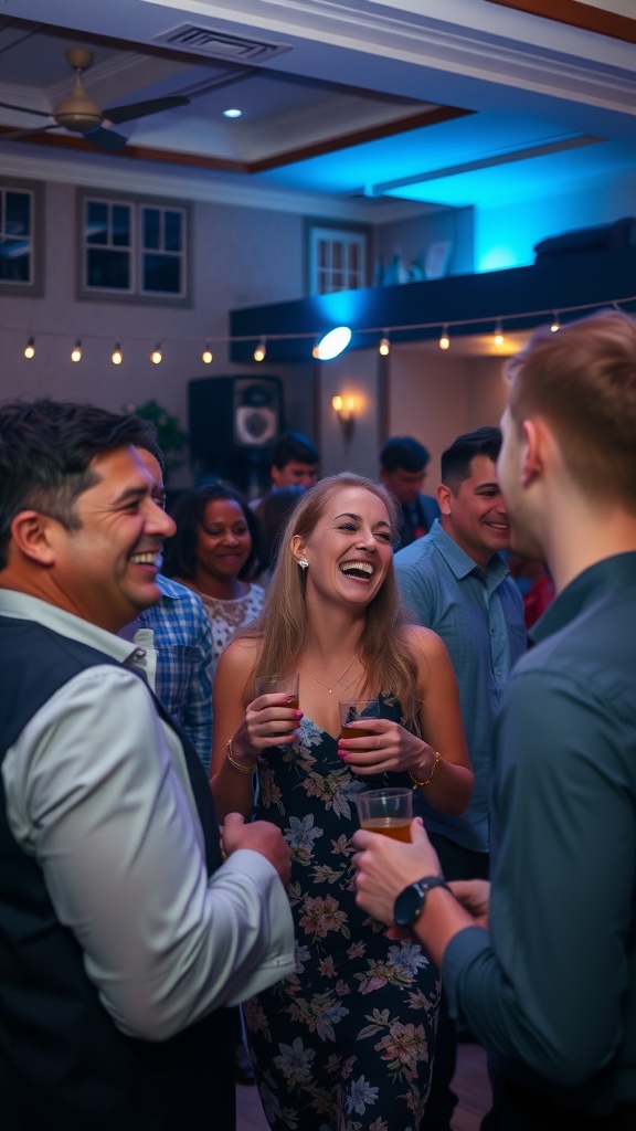 A group of friends laughing and enjoying an engagement party.