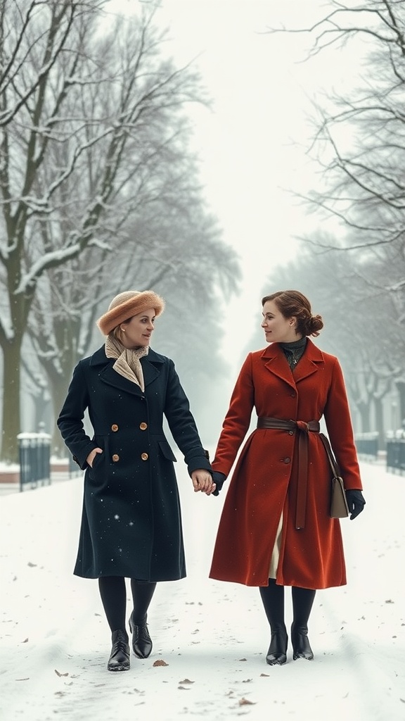 Two women in winter coats holding hands in a snowy landscape