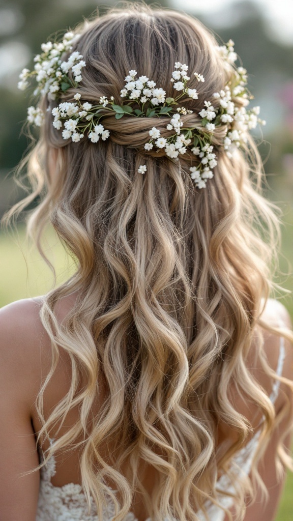 Bride with cascading curls and a floral hair vine