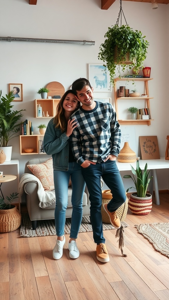 A young couple smiling together in a cozy living room, dressed casually and enjoying each other's company.