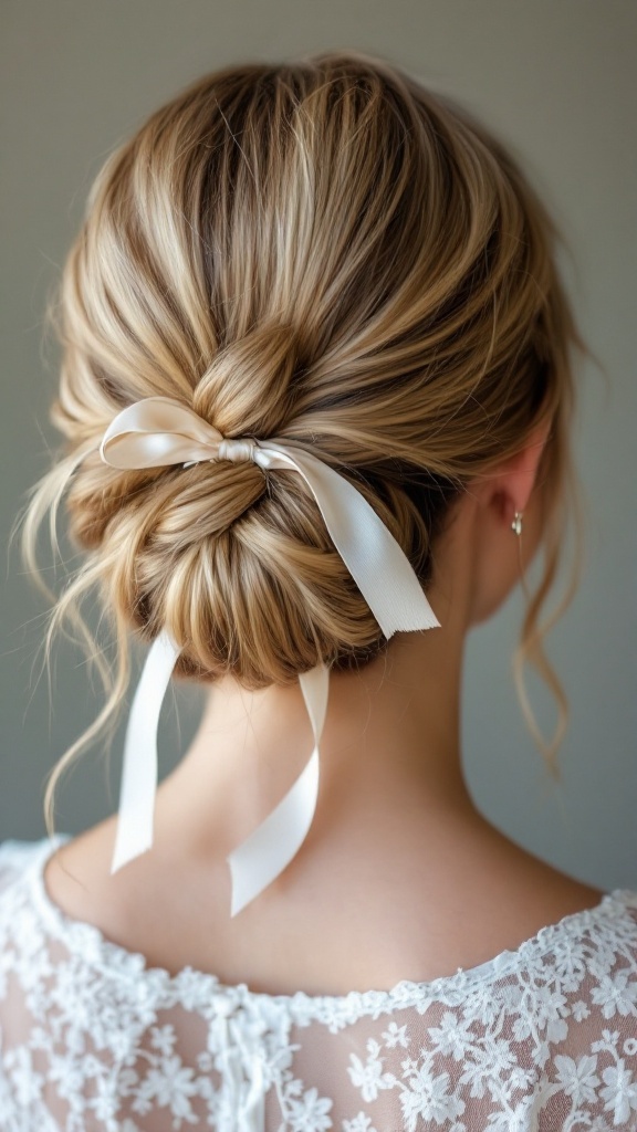 A casual updo hairstyle featuring a ribbon, perfect for summer weddings.