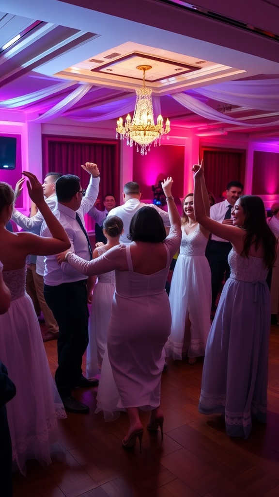 A lively wedding reception with guests dancing and celebrating together.