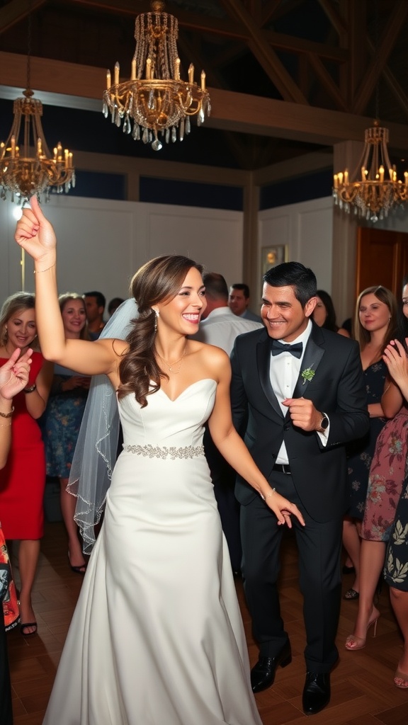 A joyful wedding couple dancing with family and friends at a reception.