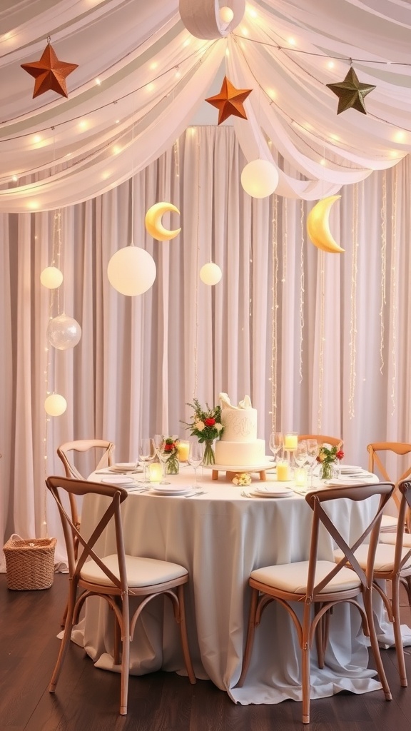 A beautifully decorated bridal shower table featuring a draped ceiling, stars, moons, and soft candlelight.