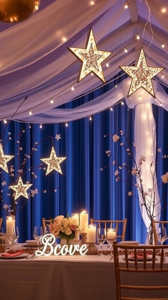 A beautifully decorated table for a bridal shower featuring star-shaped lights, candles, and floral arrangements.