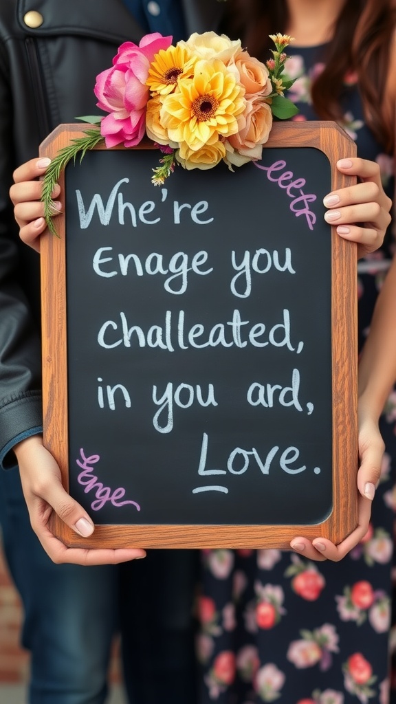 Couple holding a chalkboard with a beautiful message, adorned with flowers.