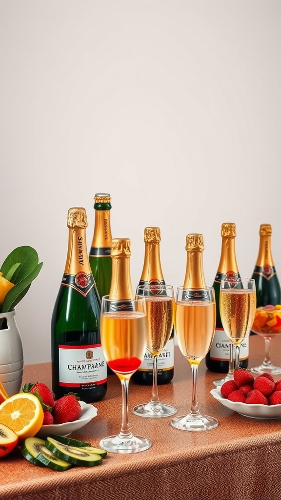 A champagne bar with various bottles of sparkling wine, glasses, and fresh fruit garnishes.