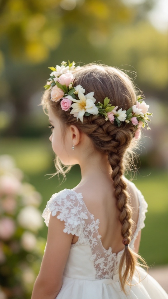 Little girl with a braided crown hairstyle decorated with flowers, wearing a lace dress
