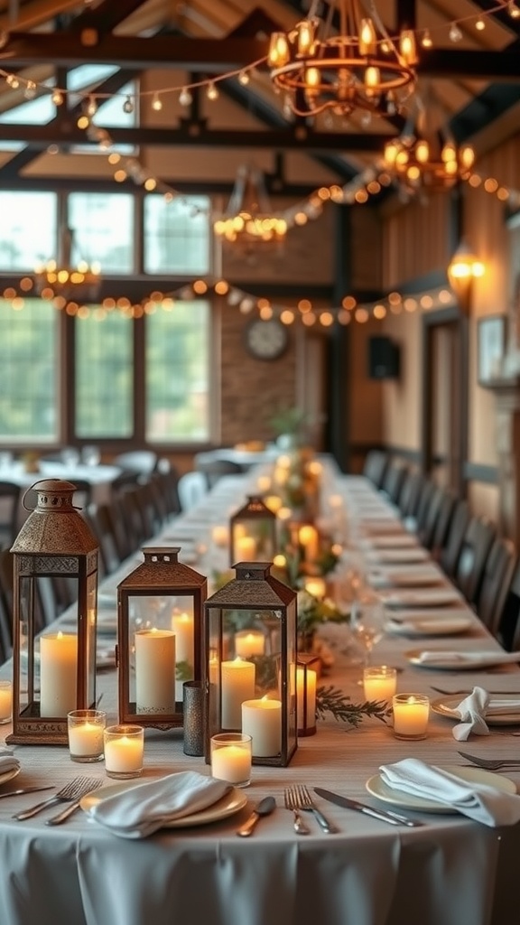 A wedding reception table decorated with lanterns and candles, under soft lighting.
