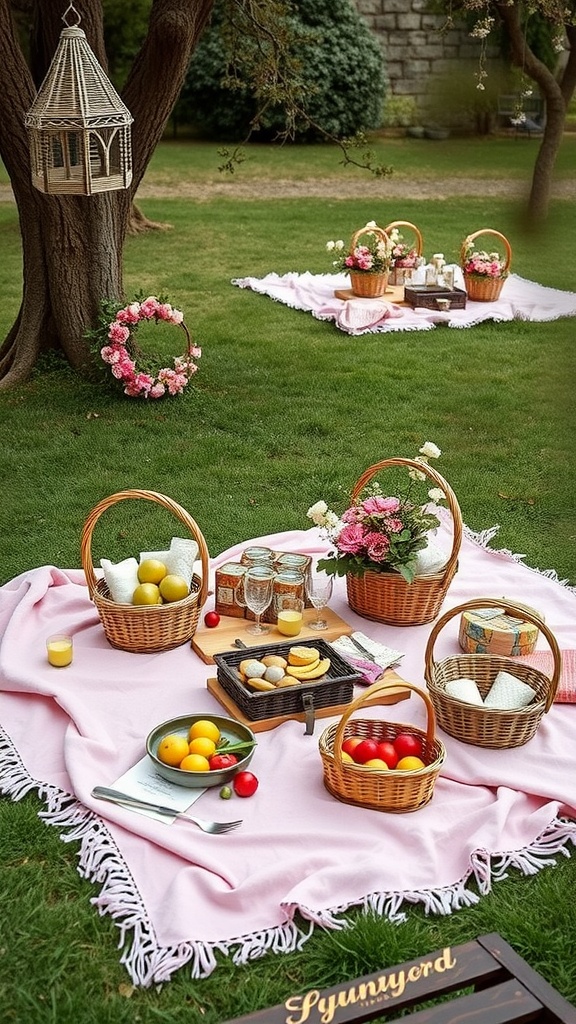 A charming picnic setup with pink blankets, baskets of fruits, flowers, and drinks in a serene outdoor setting.