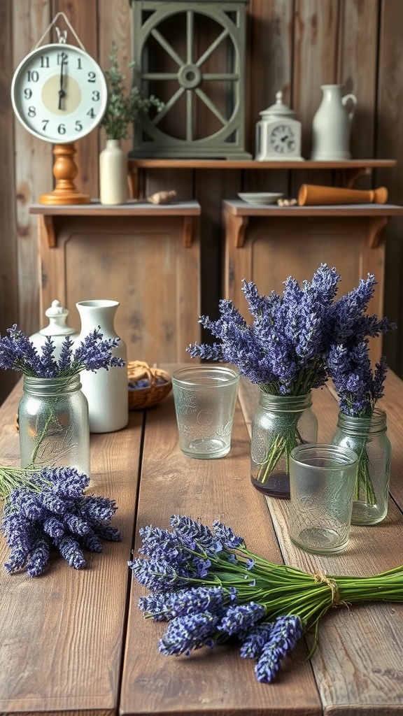 A rustic table with lavender flowers in jars, showcasing a cozy bridal shower decor