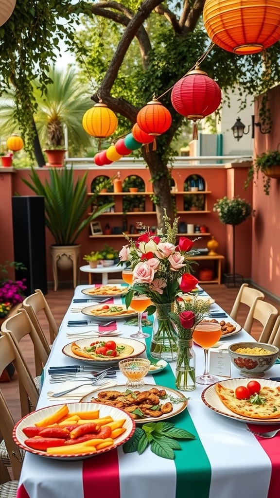 A beautifully decorated outdoor table for a Sicilian bridal shower with colorful lanterns, flowers, and a variety of dishes.