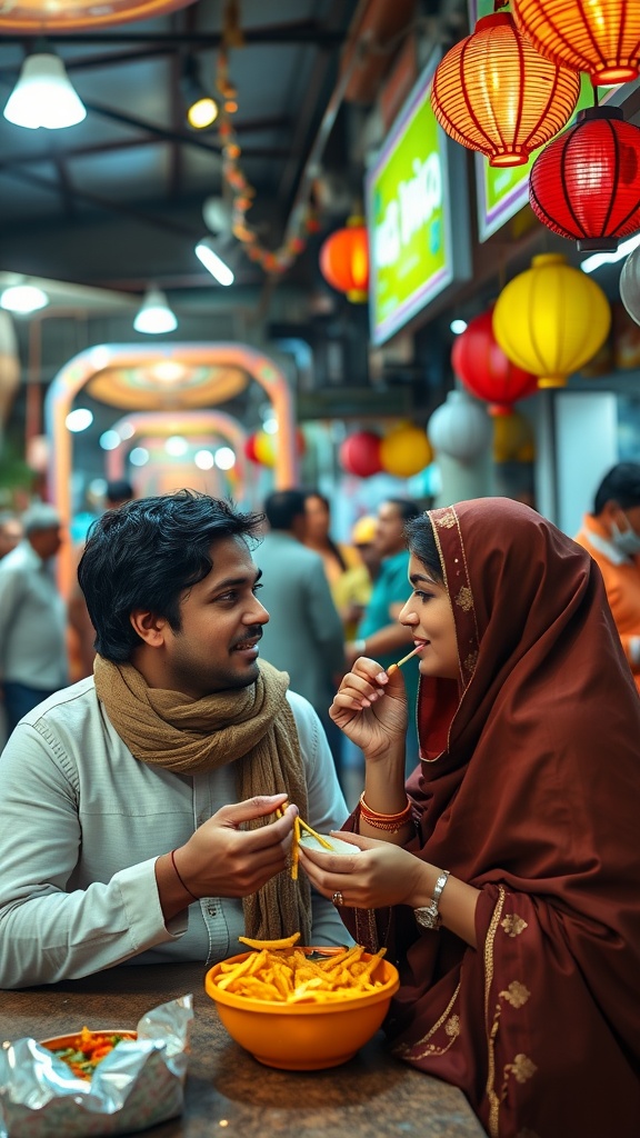 A couple smiling and sharing street food in a vibrant market setting, surrounded by colorful lanterns.