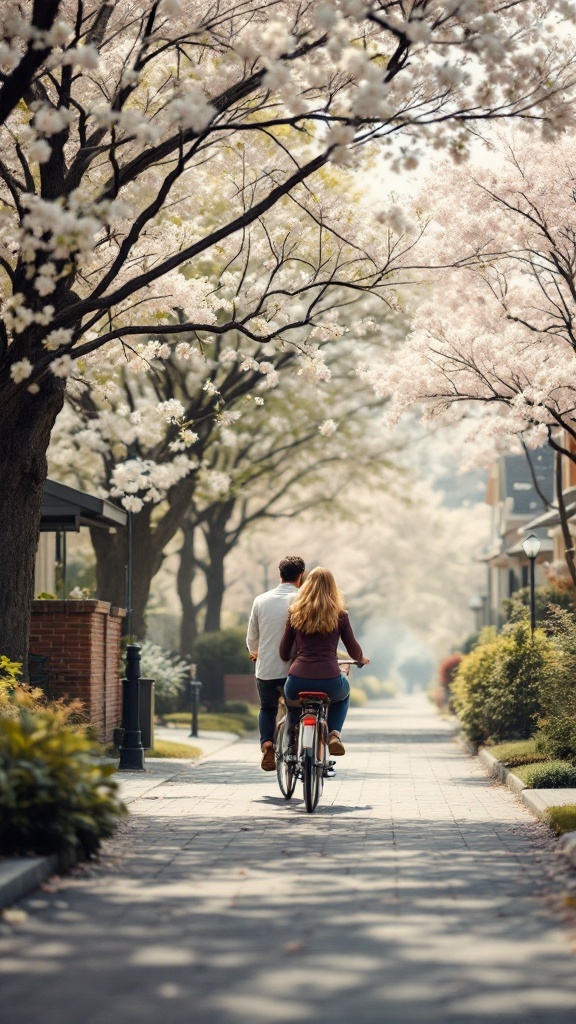 A couple riding a vintage bicycle along a flower-lined path in spring