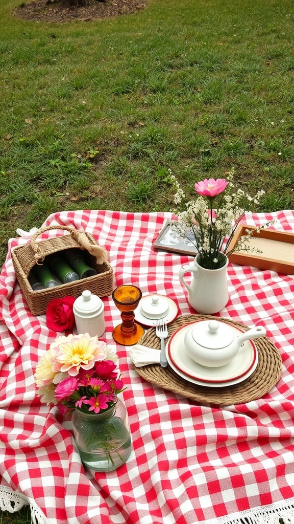 A picnic setup with a checkered blanket, flowers, and vintage dishware.