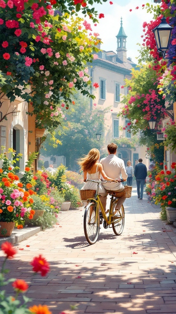 Couple riding a yellow bicycle down a flower-lined street