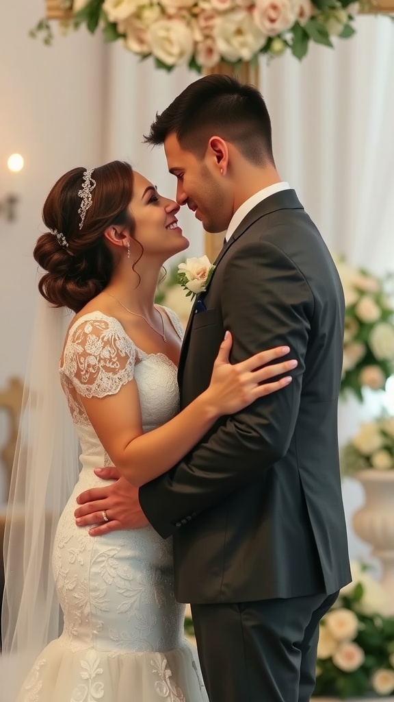 A couple embracing each other with love during their wedding ceremony.