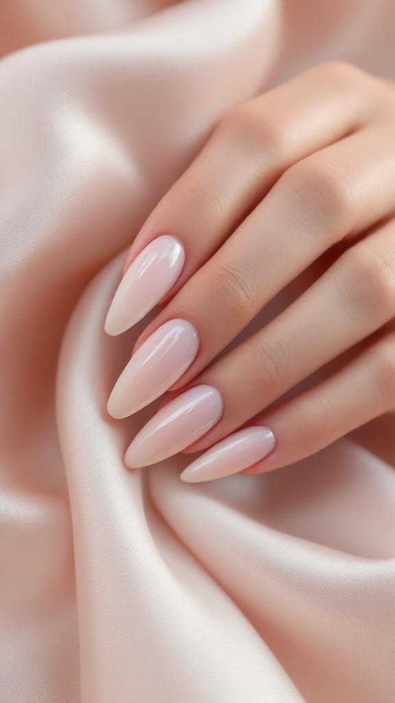 Chic almond-shaped nude wedding nails on a soft fabric background