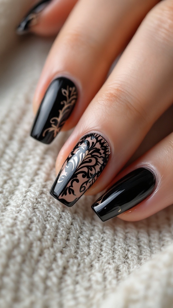 Square wedding nails with black polish and intricate white designs