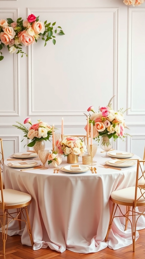 A beautifully arranged table for a bridal shower featuring blush and gold decor, with floral centerpieces and elegant tableware.