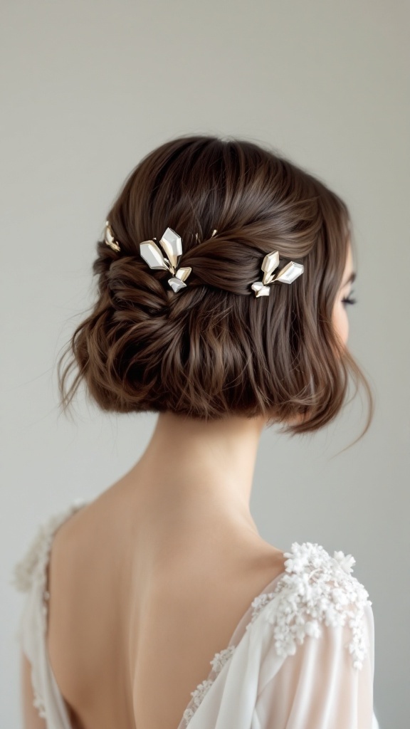 Chic bob hairstyle adorned with geometric hair clips.