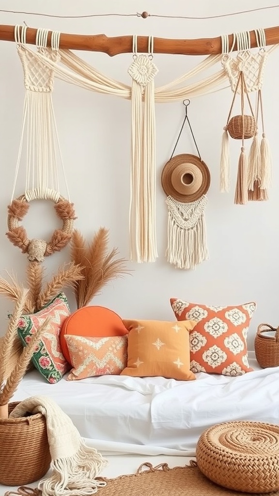 Chic bohemian bridal shower decor featuring macramé, colorful pillows, and natural elements