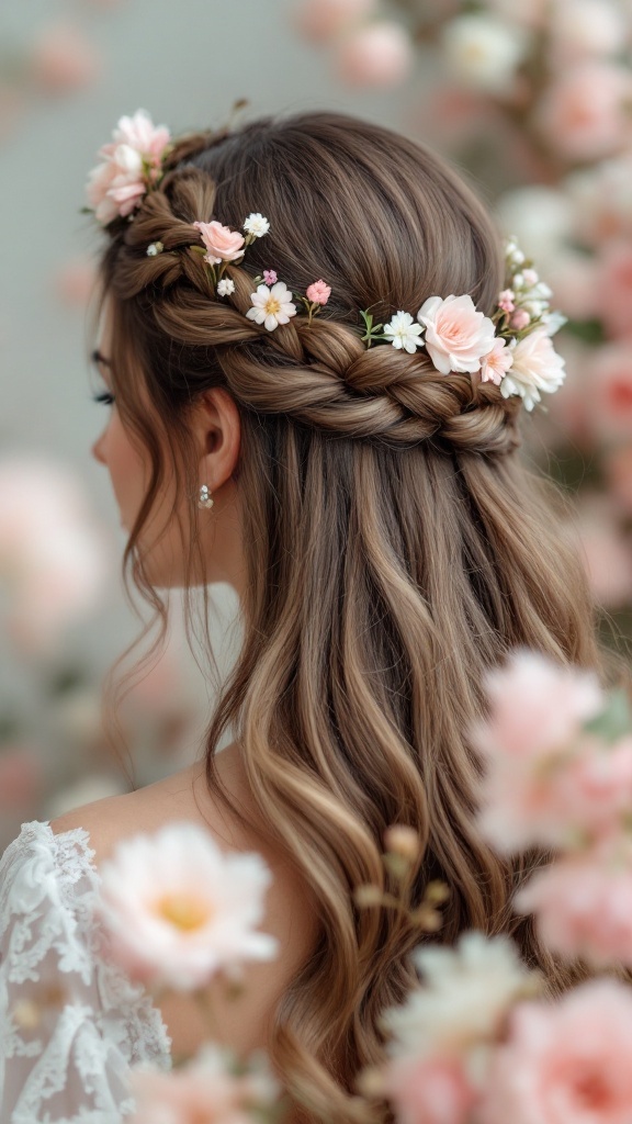A woman with medium length hair styled in a chic braided crown with flowers, showcasing a romantic bridesmaid hairstyle.