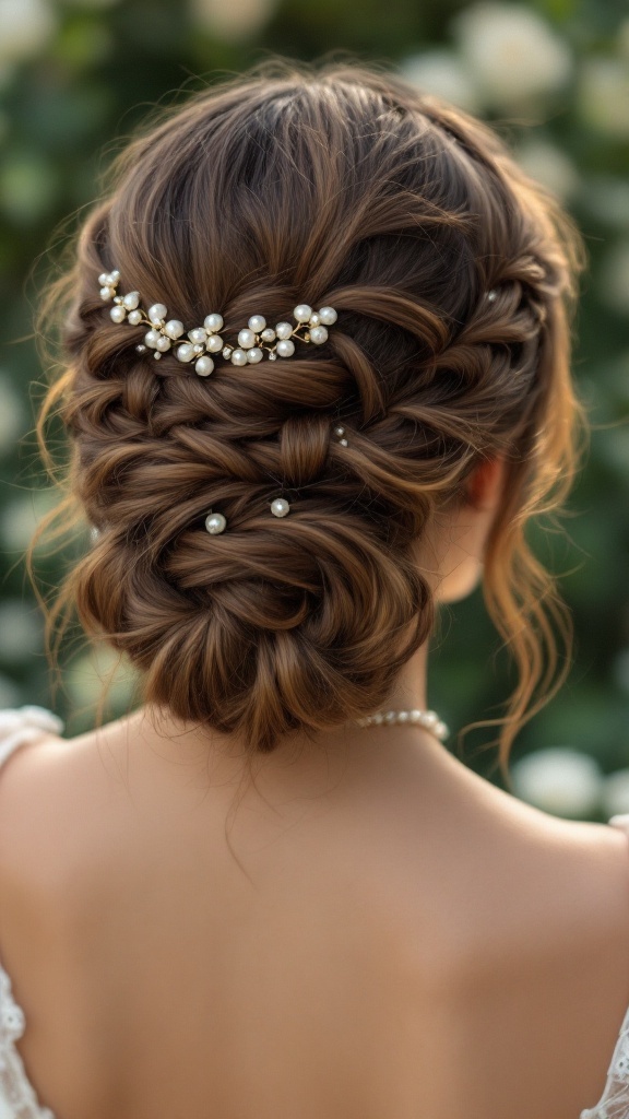 A chic braided low bun hairstyle adorned with pearls, perfect for a spring wedding.