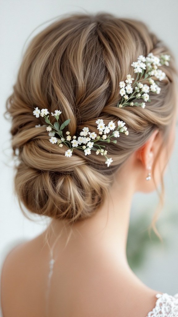 Chic braided updo hairstyle with flowers