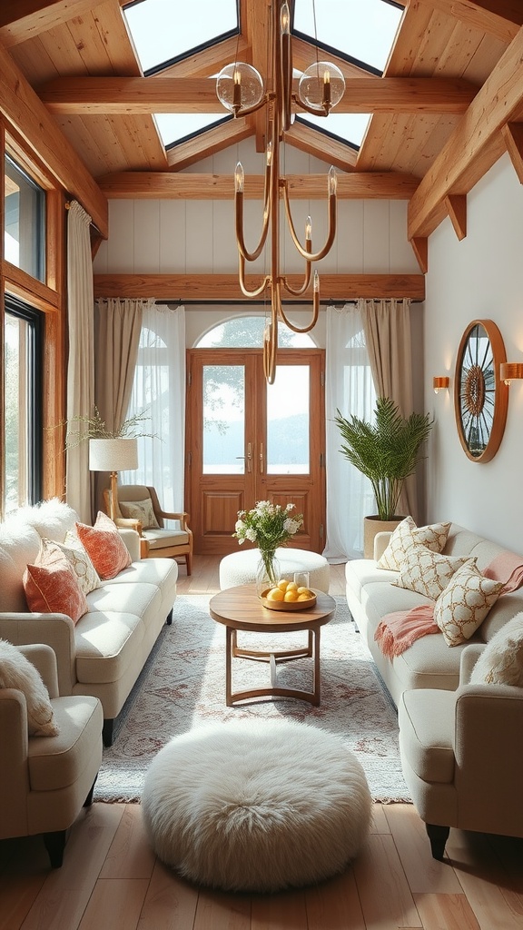 Cozy living room with wooden beams, elegant chandelier, and plush sofas, perfect for a winter bridal shower.