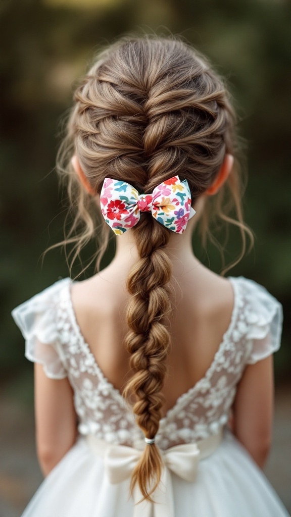 Little girl with chic Dutch braid hairstyle and a colorful bow
