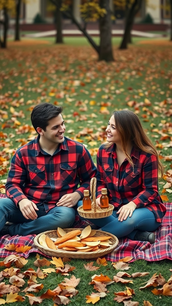 A couple sitting on a picnic blanket in matching flannel shirts surrounded by autumn leaves.