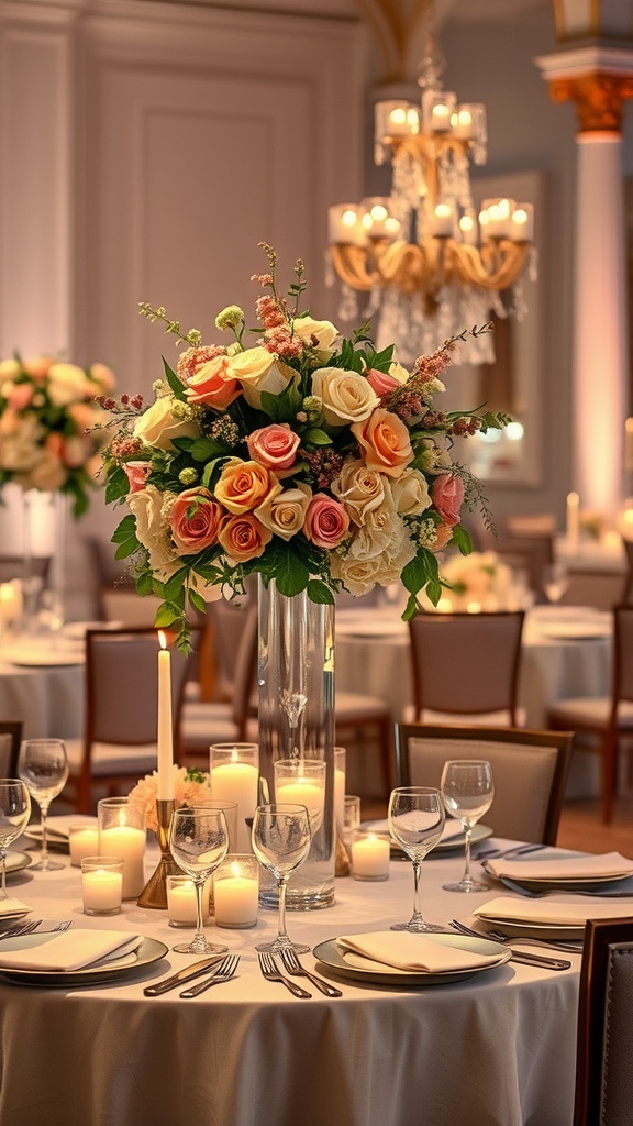 Elegant floral arrangements in a vase with soft pink and cream roses on a reception table.