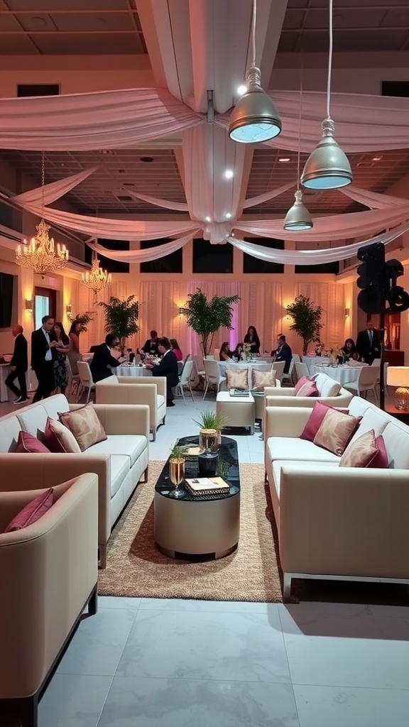 Chic lounge area at a wedding reception featuring stylish sofas, cushions, a coffee table, and elegant lighting.