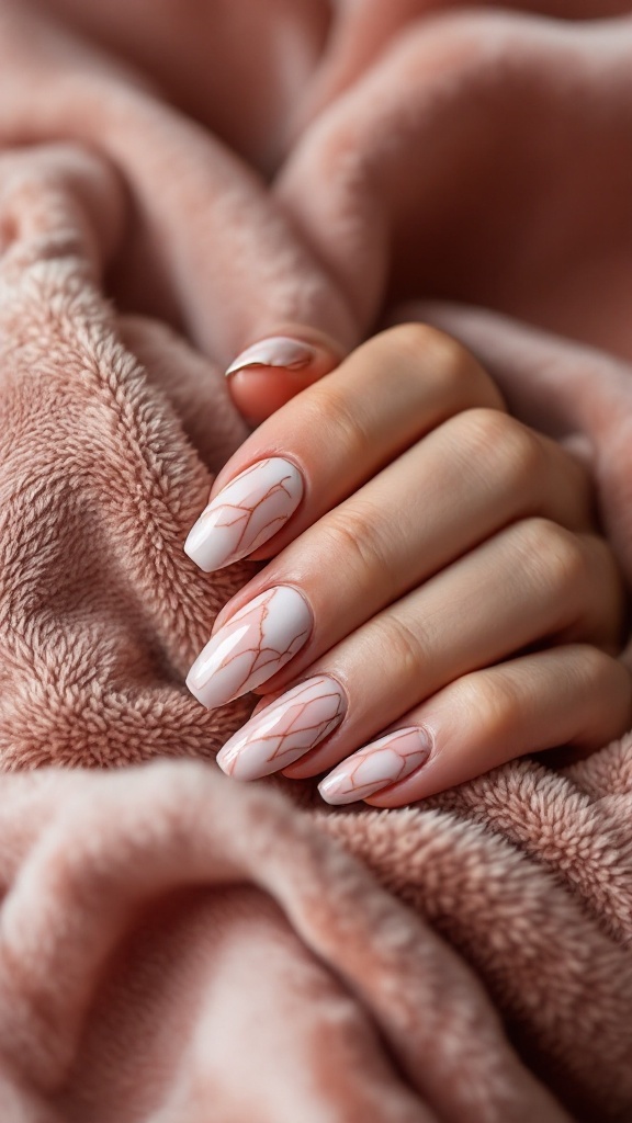 Nail design featuring chic marble effects in soft nude tones with gold accents on a cozy fabric background.