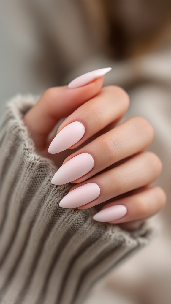 A hand with chic matte almond-shaped wedding nails in soft pink, resting on a cozy, knitted sweater.