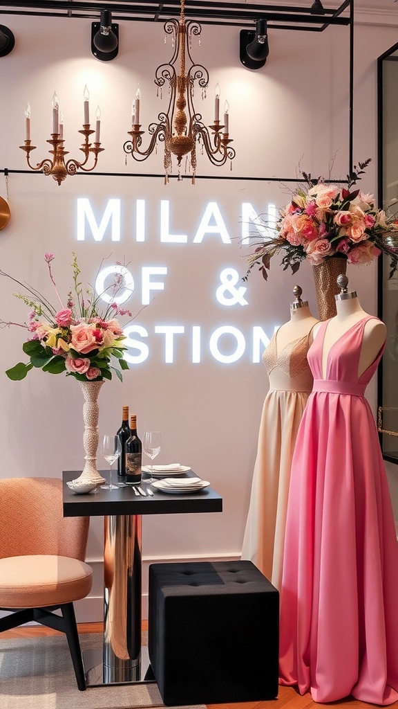 Stylish bridal shower setup with dresses, flowers, and a dining table in a chic Milan-themed decor.