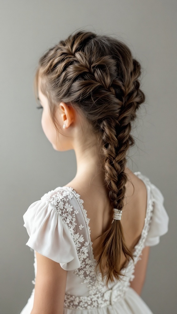 A little girl with a chic sleek braid hairstyle, wearing a white dress with floral details.