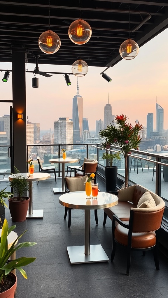 A chic urban rooftop setting with modern furniture, cocktails, and city skyline views.