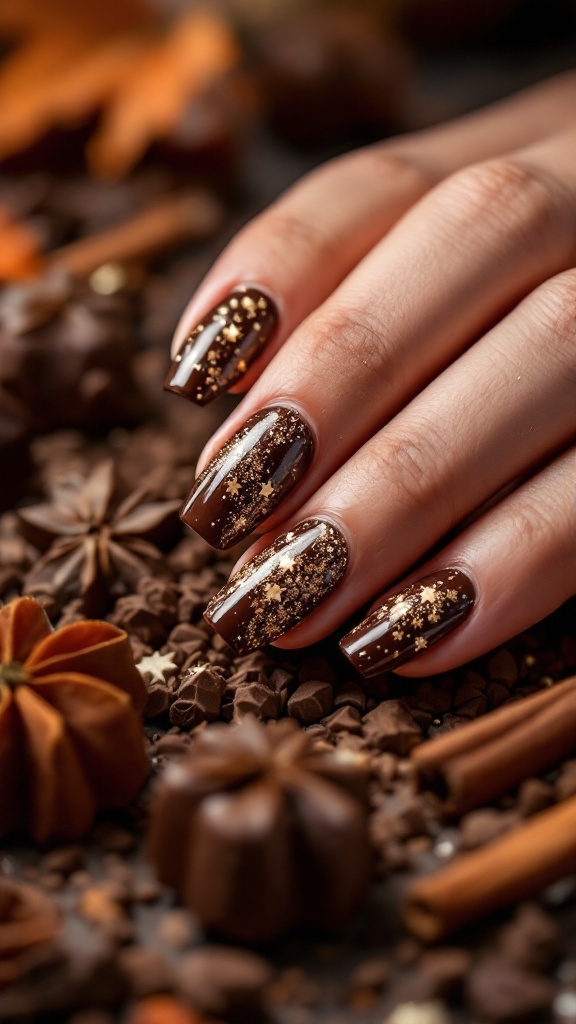 Chocolate brown nails with glitter on a background of autumn-themed decorations