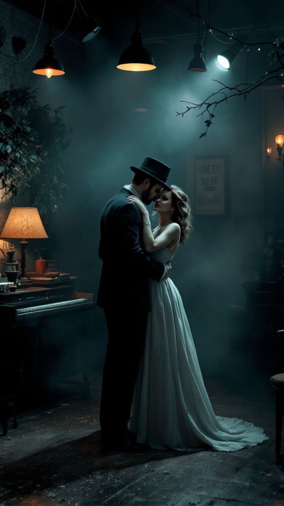 Couple embracing in a film noir inspired setting with soft lighting and vintage elements.