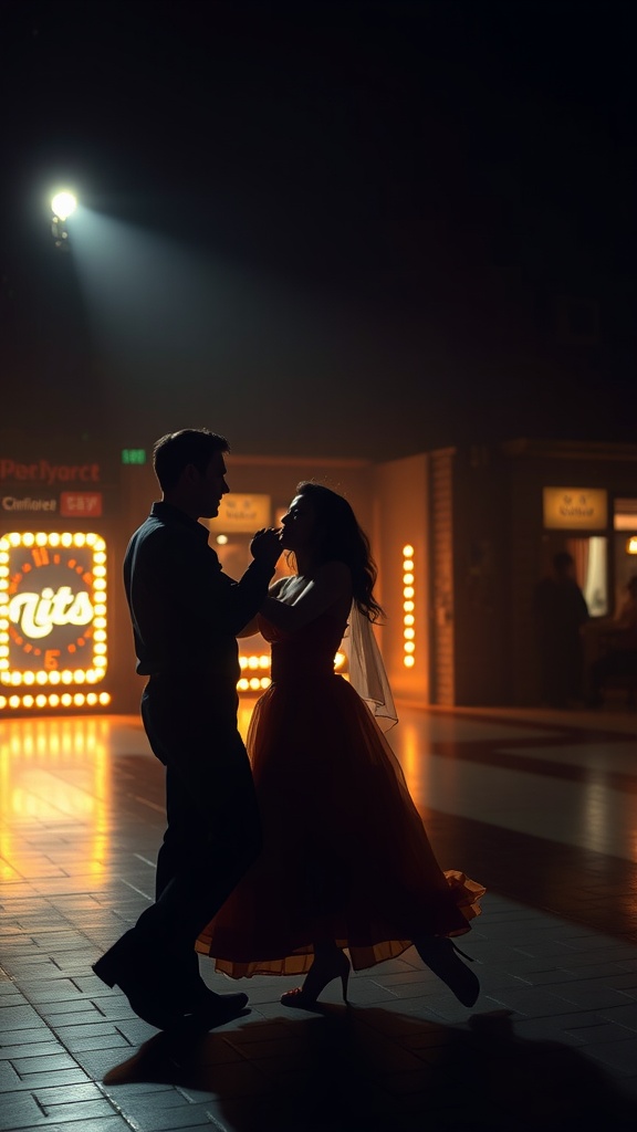 A couple dancing in a dimly lit setting, sharing a romantic moment.