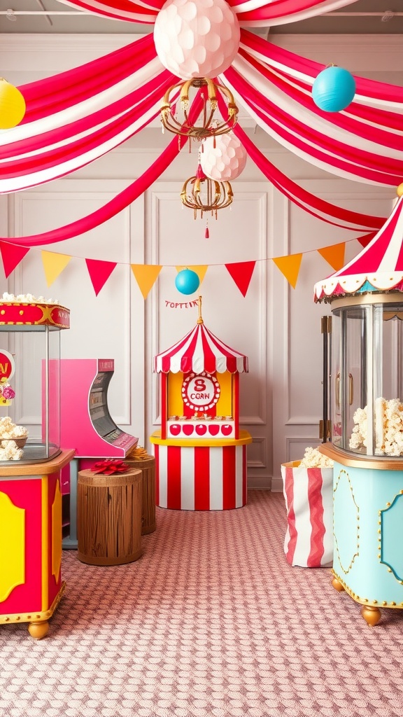 A colorful circus-themed bridal shower setting with striped decorations, popcorn stand, and festive elements.