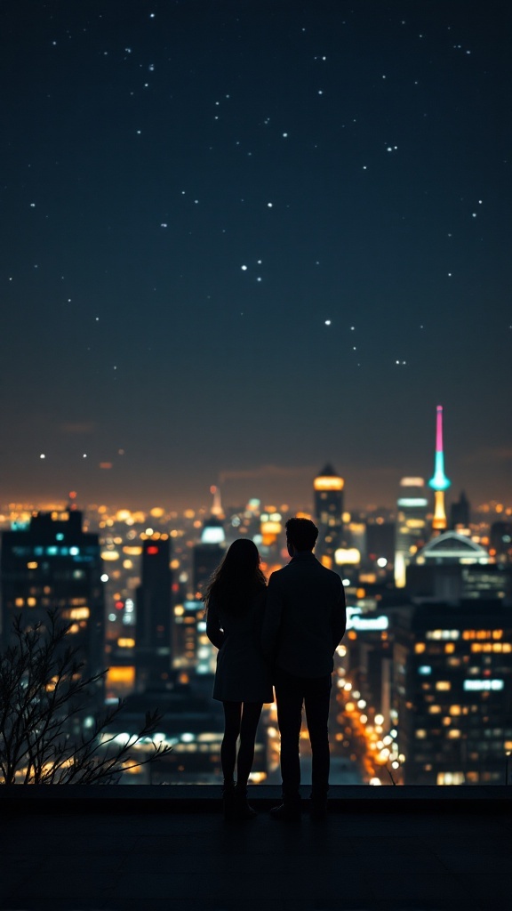 A couple stands together looking out over a city skyline at night, with lights twinkling in the background.