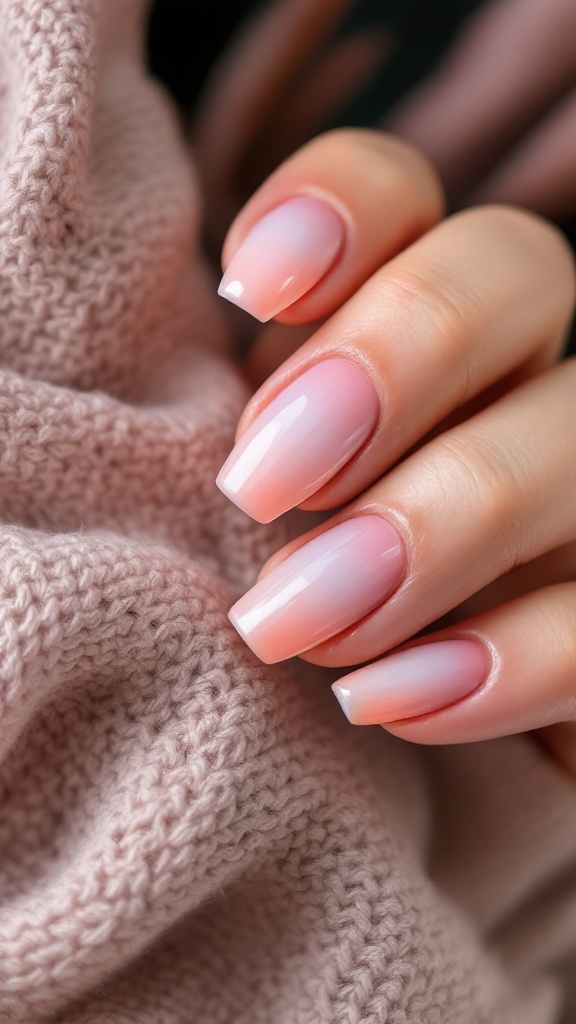 Wedding nails that transition from almond to square shape with a soft pink gradient.