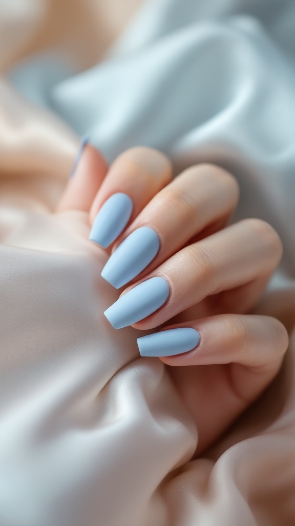 A hand with classic baby blue matte nails resting on soft fabric.