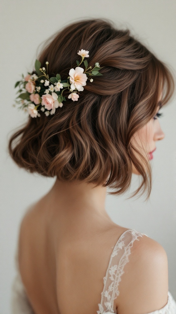 A woman with a classic blunt bob hairstyle styled in soft waves, adorned with floral accessories.