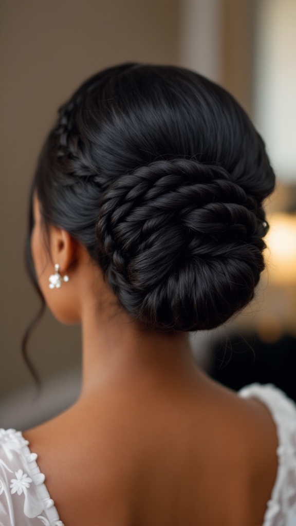 A classic braided bun hairstyle for bridesmaids, showcasing a unique twist and elegant finish.