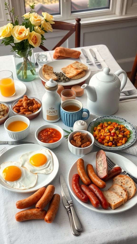 A classic English breakfast spread with eggs, sausages, toast, baked beans, and floral centerpiece.